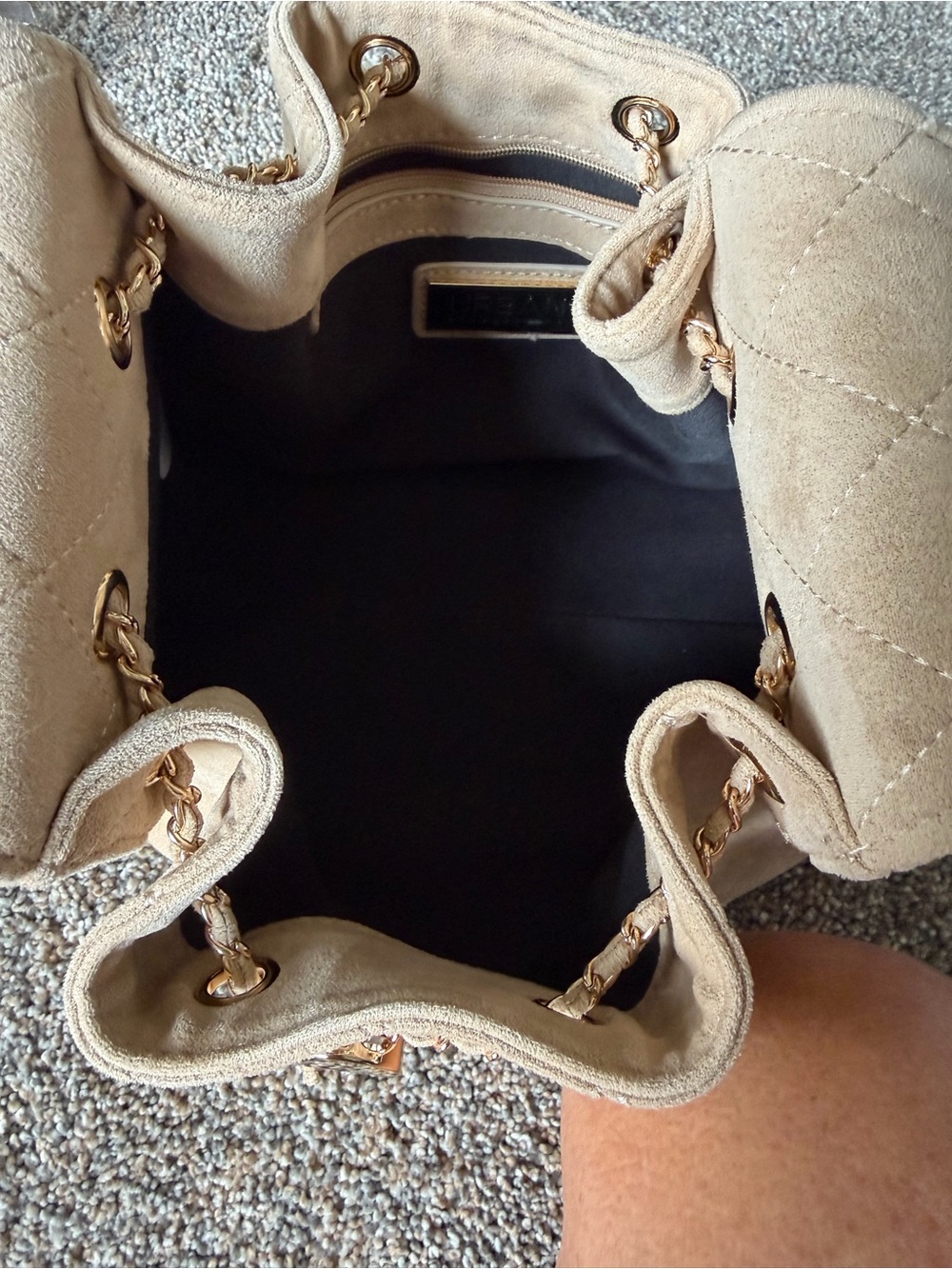 Suede Quilted Drawstring Shoulder Bag in Beige - Picture 7 of 15